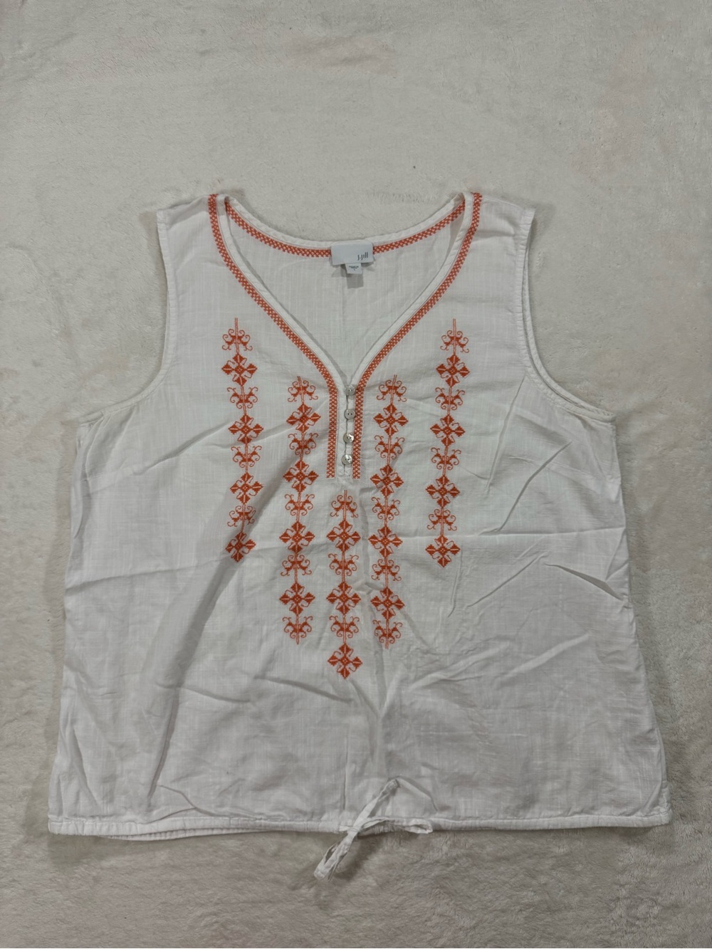 J.Jill White Orange Embroidered Cotton V-Neck Tank Top Large